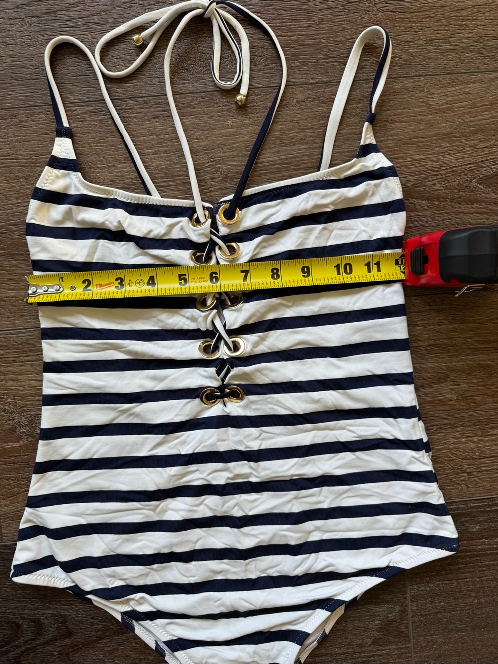 DELFINA Swim Navy Striped Lace-Up One Piece Swimsuit M
